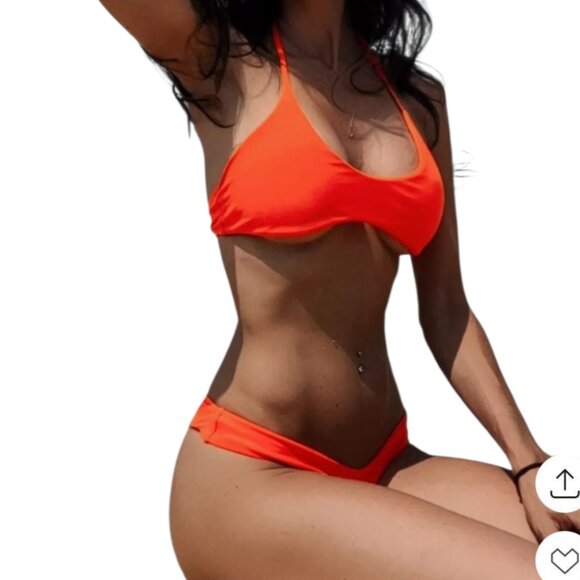 Women's Vibrant Orange Push Up Scoop Neck Thong Bikini Set Size S NWT - Picture 1 of 12